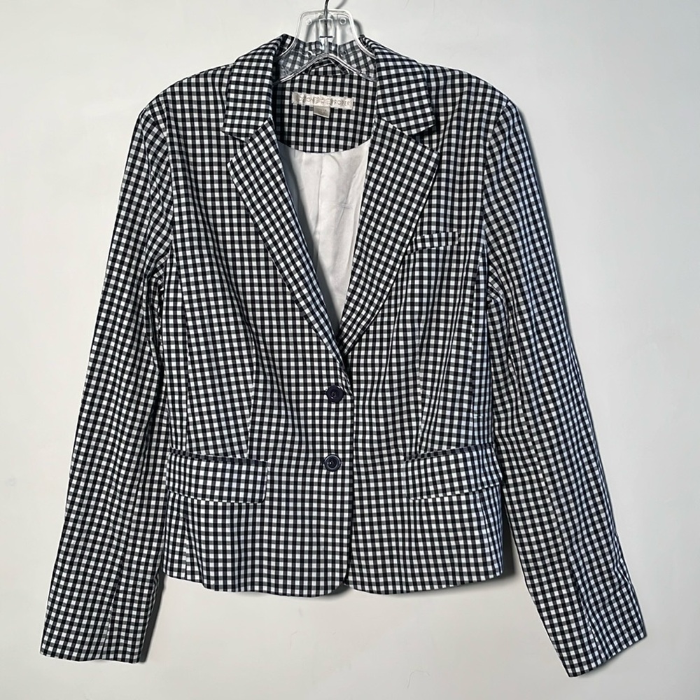 BOSTON PROPER Preppy Career Navy/White Gingham Three Pocket Fitted Blazer SZ 14